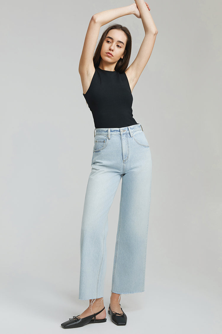 Moon Curve Raw Hem Crop Jeans HJ129
