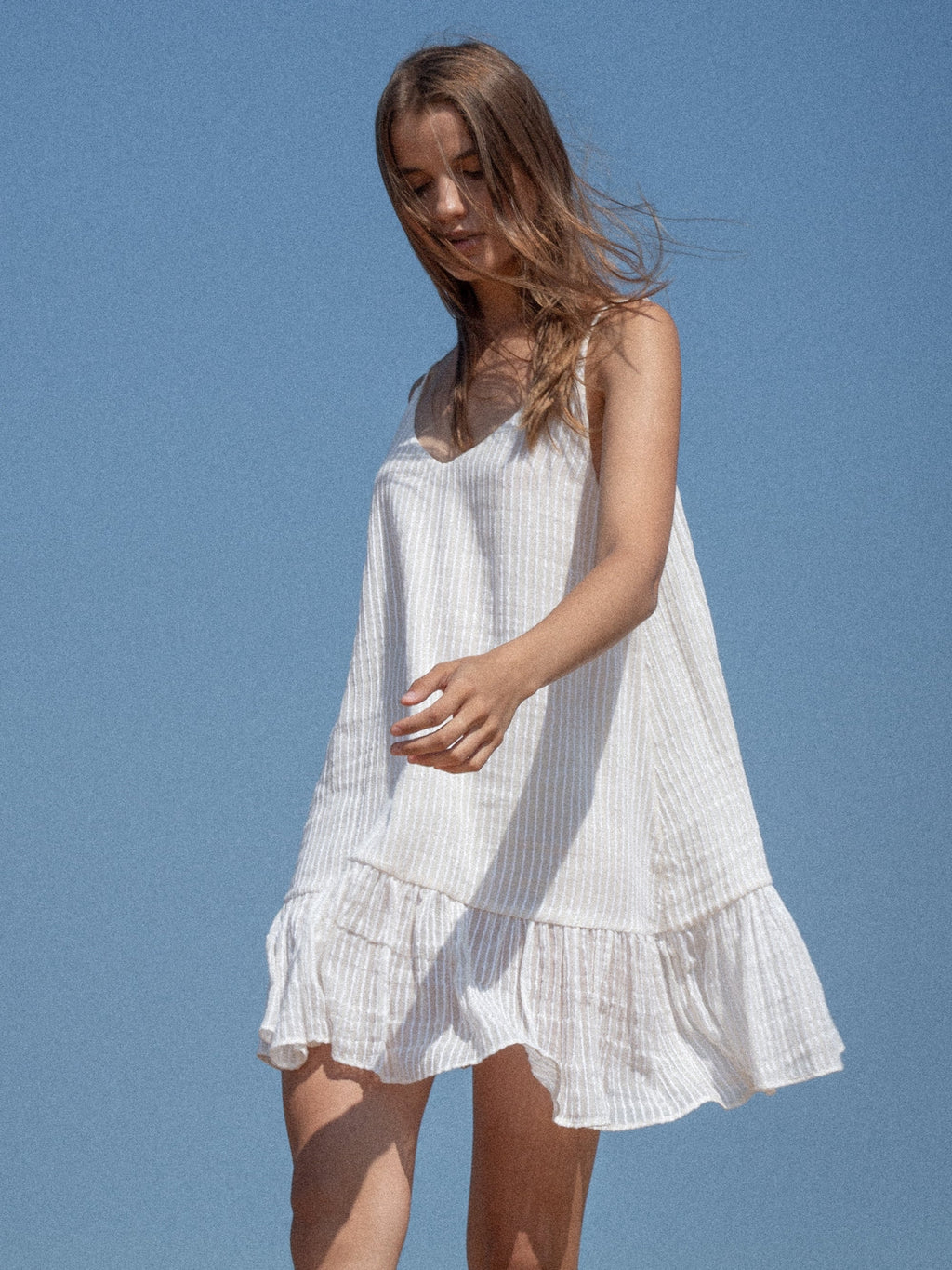 Liv Mini Ruffle Dress - White Stripes