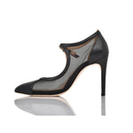 Black high-heeled shoe with mesh design on a white background