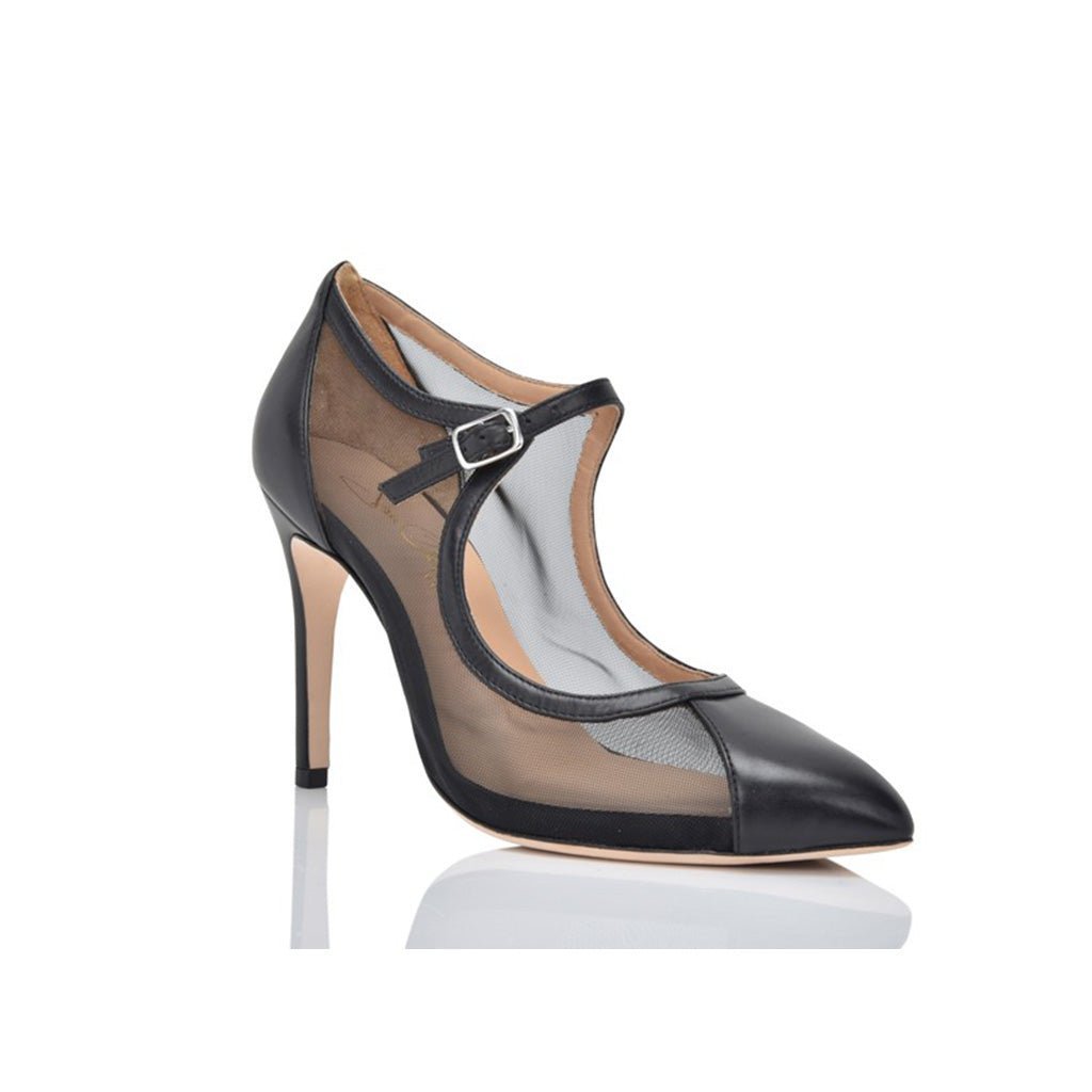 Black high-heeled shoe with sheer mesh design on a white background