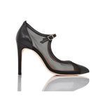 Black high-heeled shoe with mesh design on a white background