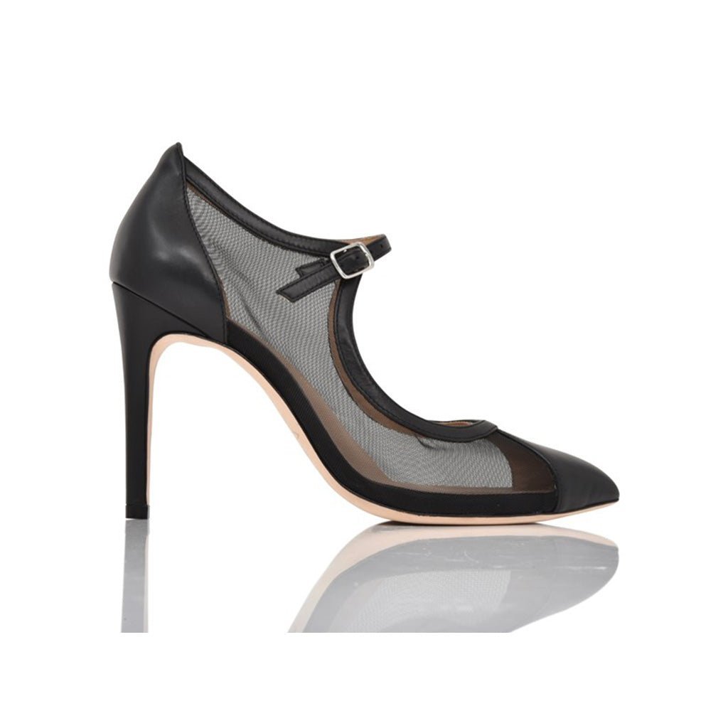 Black high-heeled shoe with mesh design on a white background