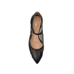 Black high-heeled shoe with mesh design on a white background