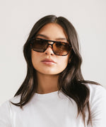 Woman wearing sunglasses and a white shirt against a plain background